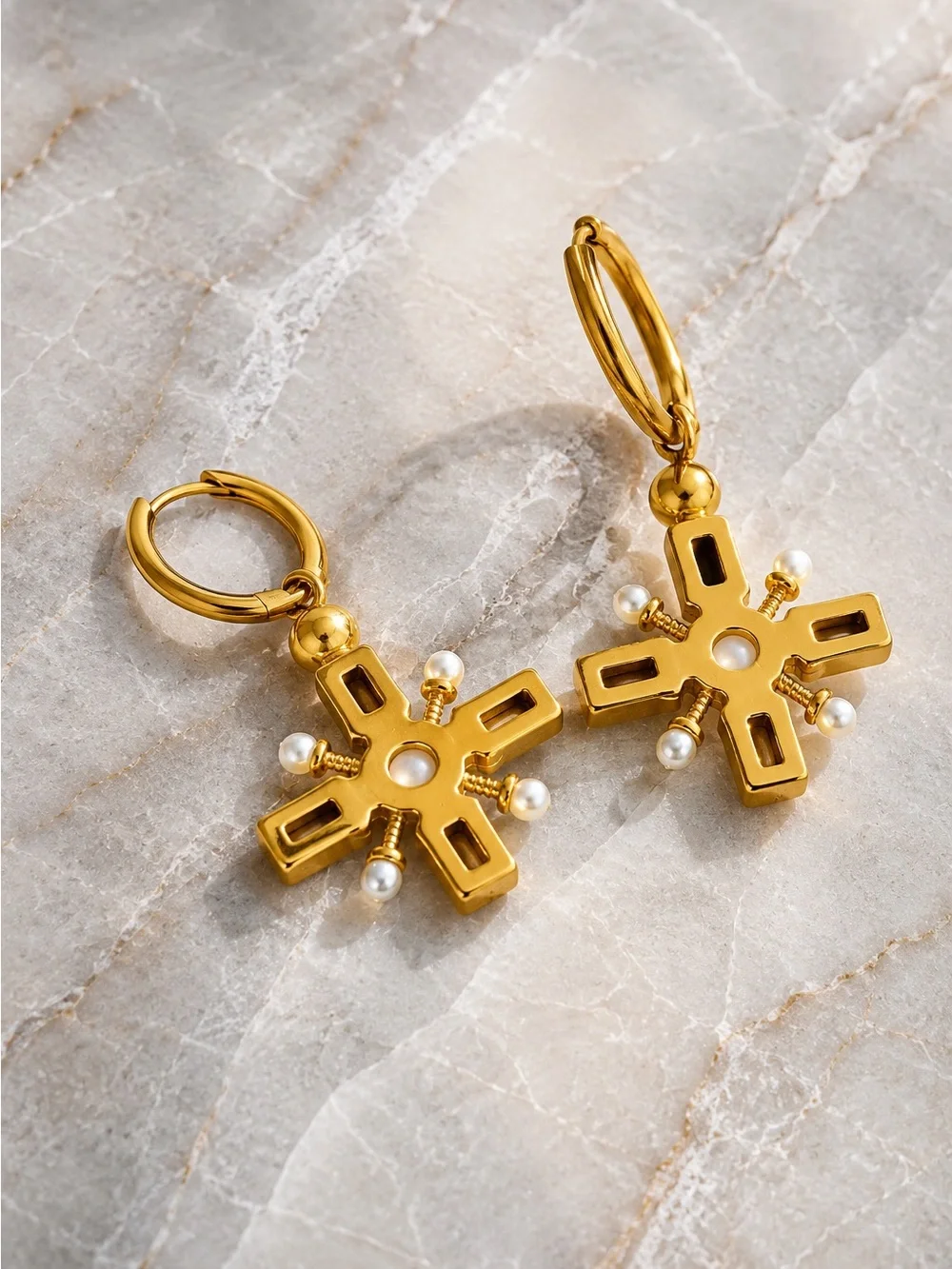 Gold plated Cross Hoop Earrings with Pearls and Crystals